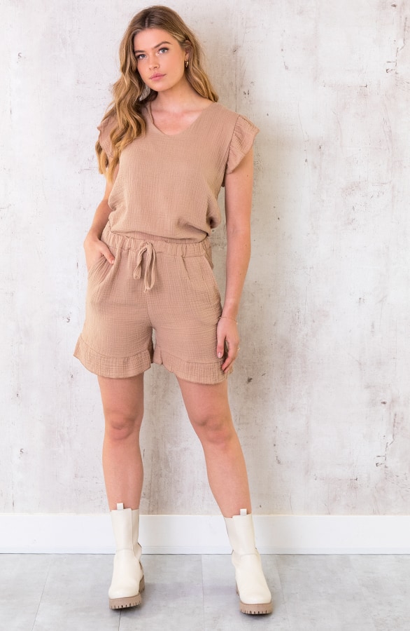 Katoenen Ruffle Shorts Camel – shoparchief, foto 5