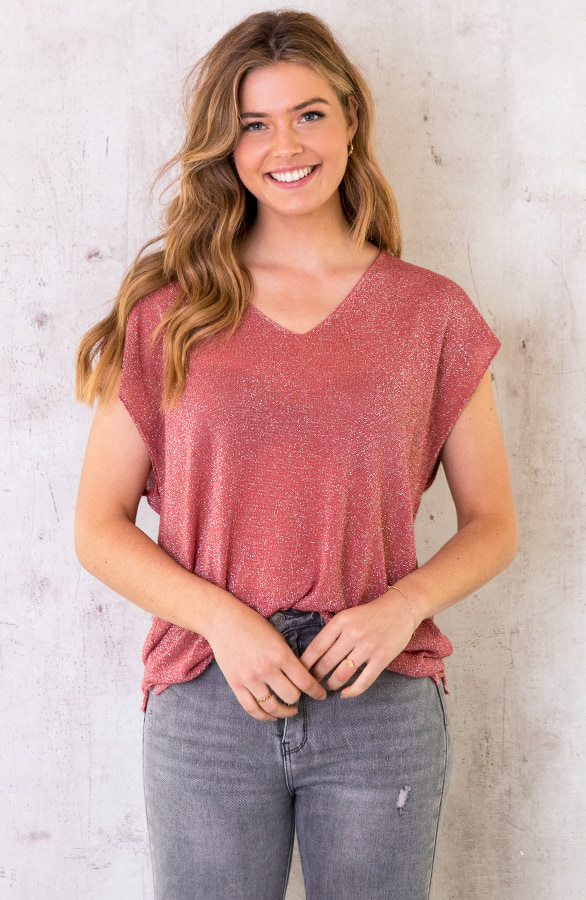 Lurex V-hals Top Koraal 1.0 – shoparchief