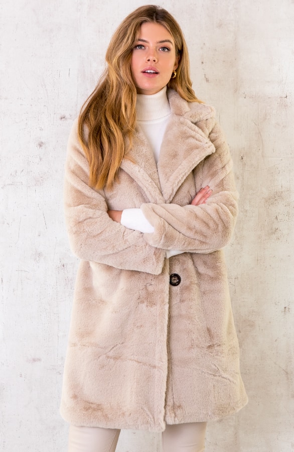 Faux Fur Midi Jas Beige – shoparchief, foto 2