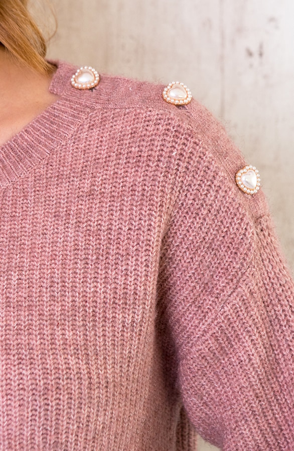 Gebreide Hartjes Knopen Trui Oud Roze – shoparchief, foto 5