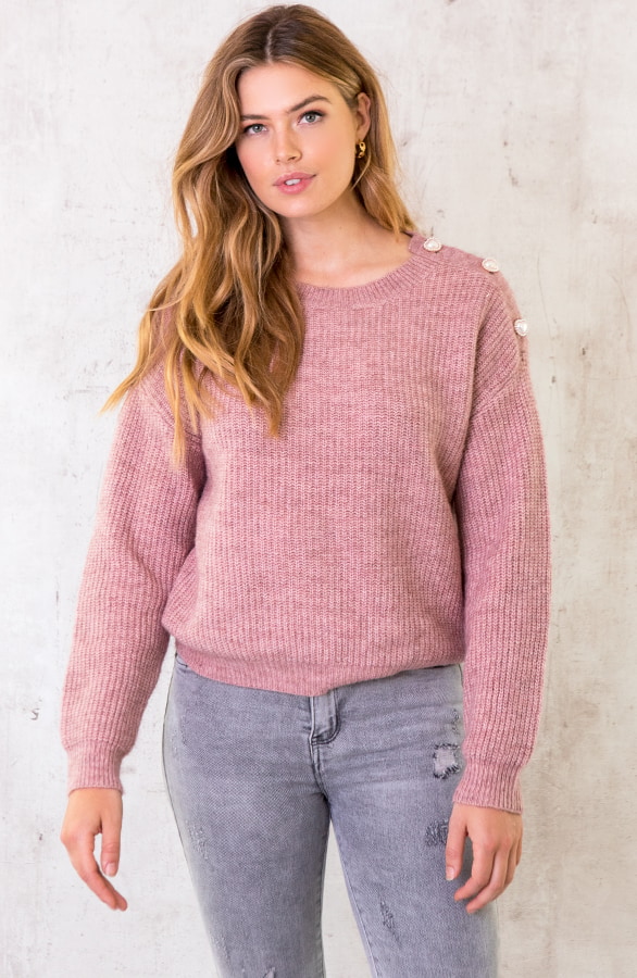 Gebreide Hartjes Knopen Trui Oud Roze – shoparchief