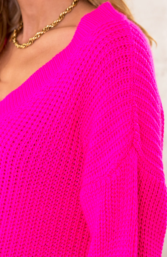 Gestrickter Pullover mit V-Ausschnitt Neon Fuchsia, Shoparchiv, Foto 5