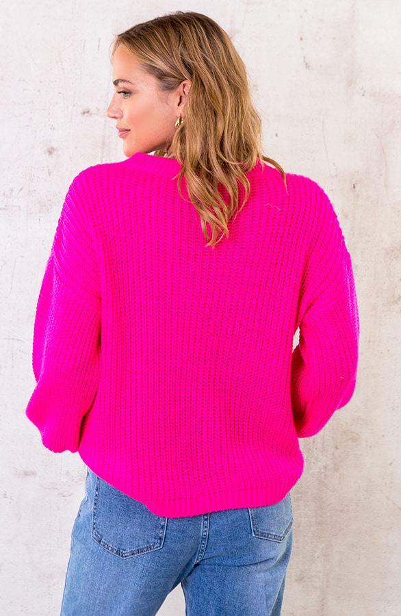 Gestrickter Pullover mit V-Ausschnitt Neon Fuchsia, Shoparchiv, Foto 4