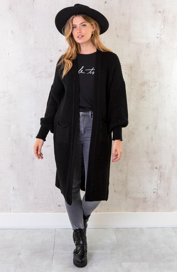 Lang Gehaakt Pocket Vest Zwart – shoparchief, foto 2