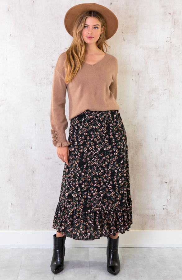 Midi Bloemenprint Rok Zwart – shoparchief, foto 9