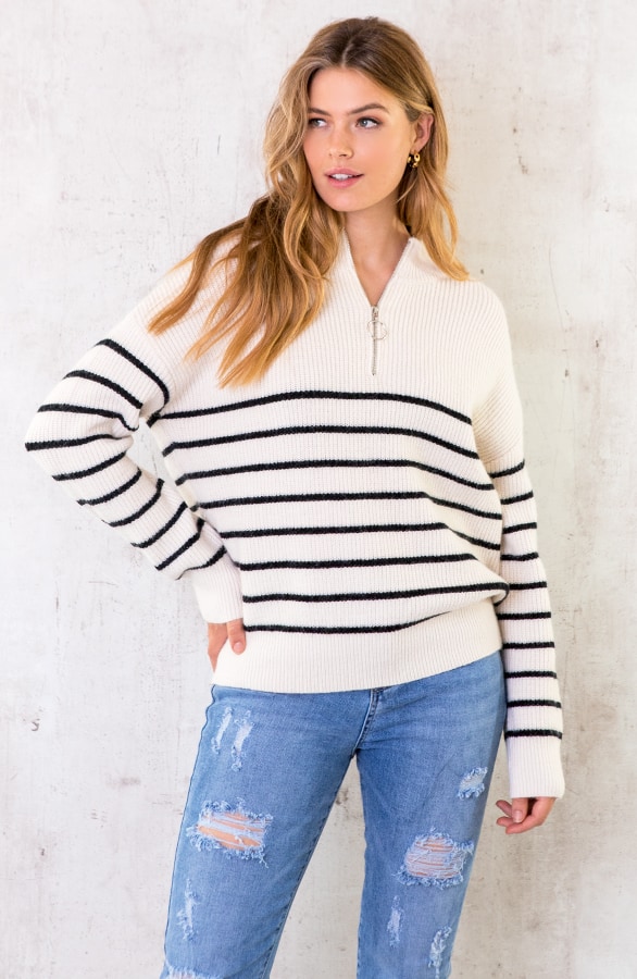 Oversized Zip Trui Gestreept Creme – shoparchief