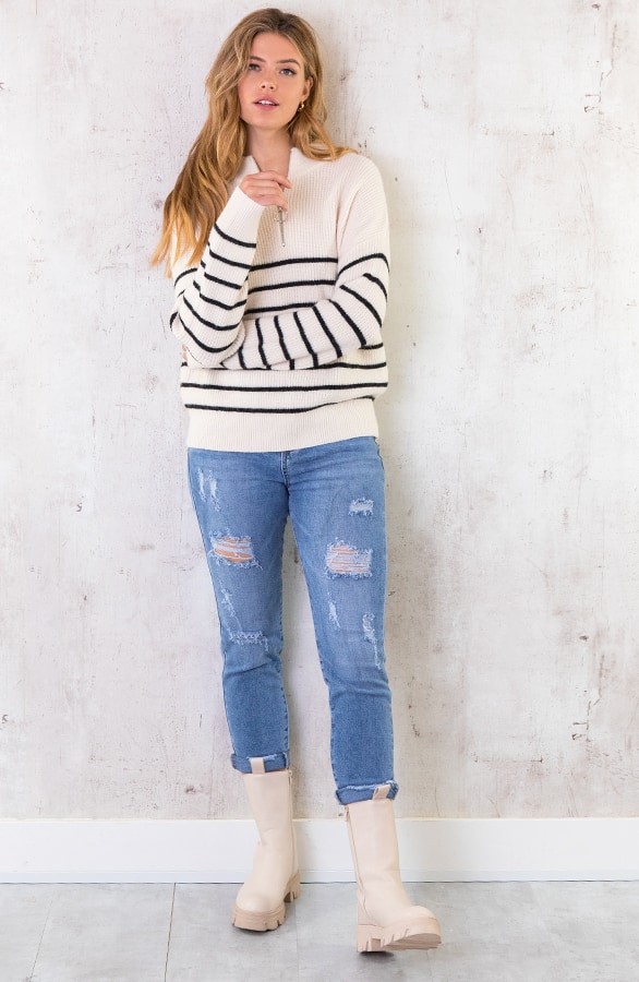 Oversized Zip Trui Gestreept Creme – shoparchief, foto 4