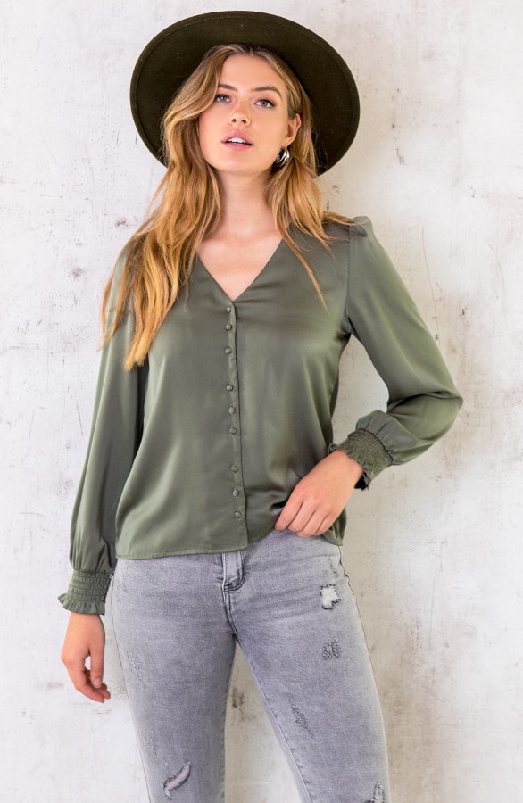 Silk Knopen Blouse Army – shoparchief, foto 2