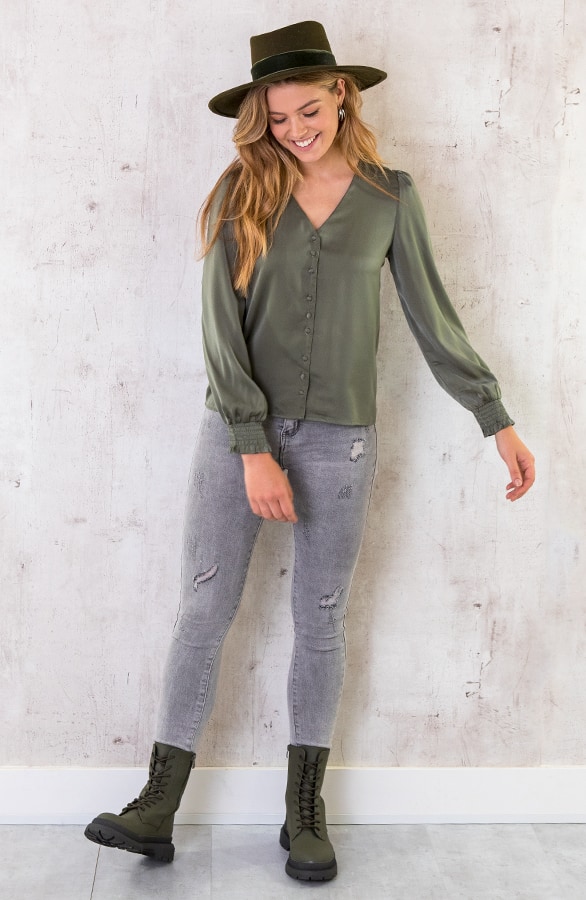 Silk Knopen Blouse Army – shoparchief, foto 5