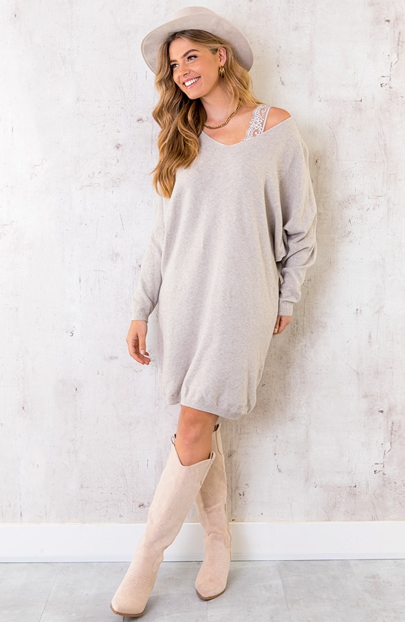 Comfy V-hals Trui Lang Beige – shoparchief, foto 3