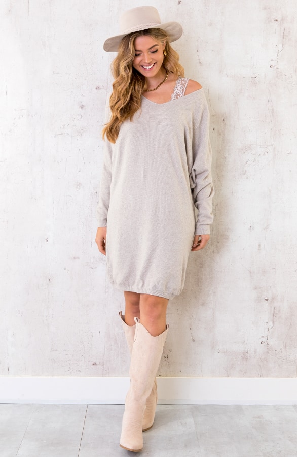 Comfy V-hals Trui Lang Beige – shoparchief, foto 4