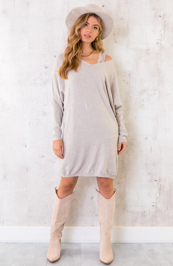 Comfy V-hals Trui Lang Beige – shoparchief
