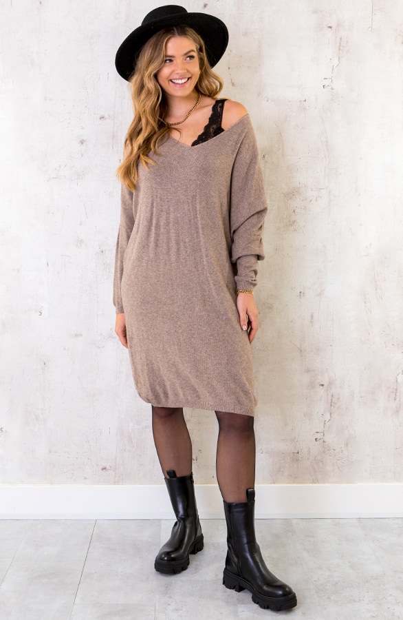 Comfy V-hals Trui Lang Taupe – shoparchief