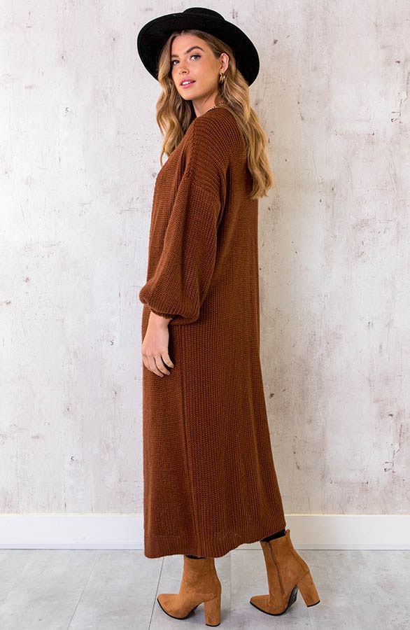 Gebreid Vest Lang Cognac – shoparchief