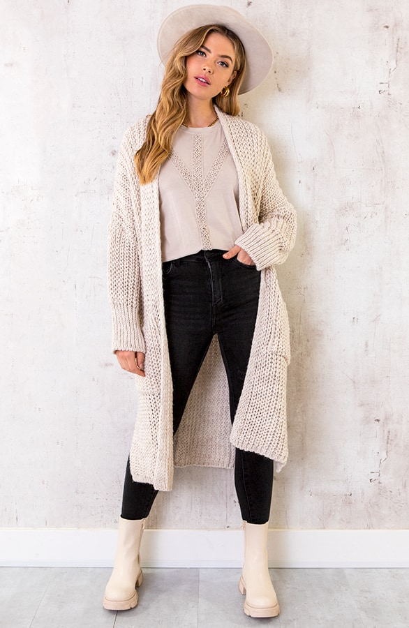 Grof Gebreid Midi Vest Beige – shoparchief