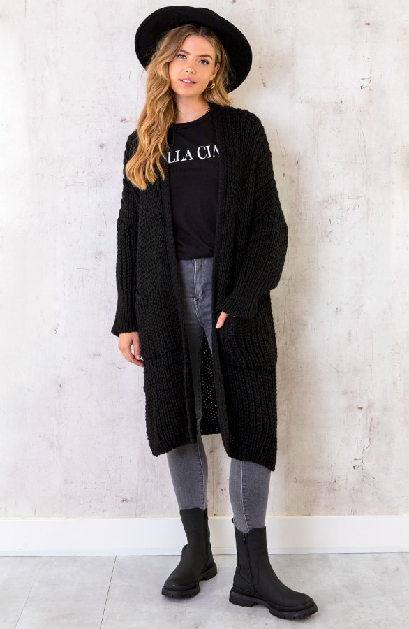 Grof Gebreid Midi Vest Zwart – shoparchief