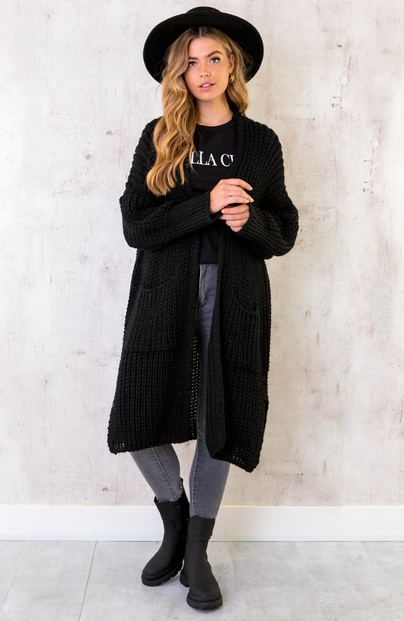 Grof Gebreid Midi Vest Zwart – shoparchief, foto 2