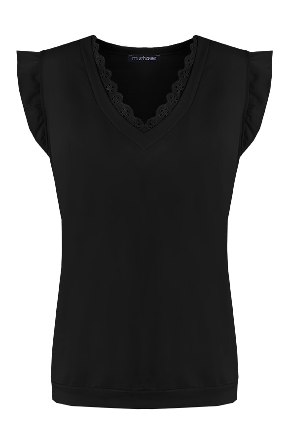 Kanten V-hals Ruffle Top Zwart – shoparchief