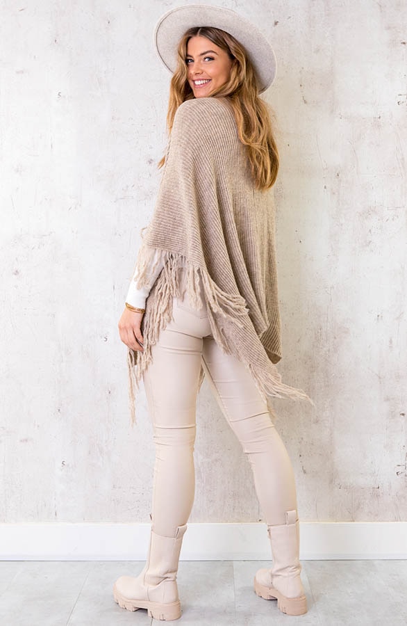 Knitted Fringe Poncho Beige – shoparchief, foto 4