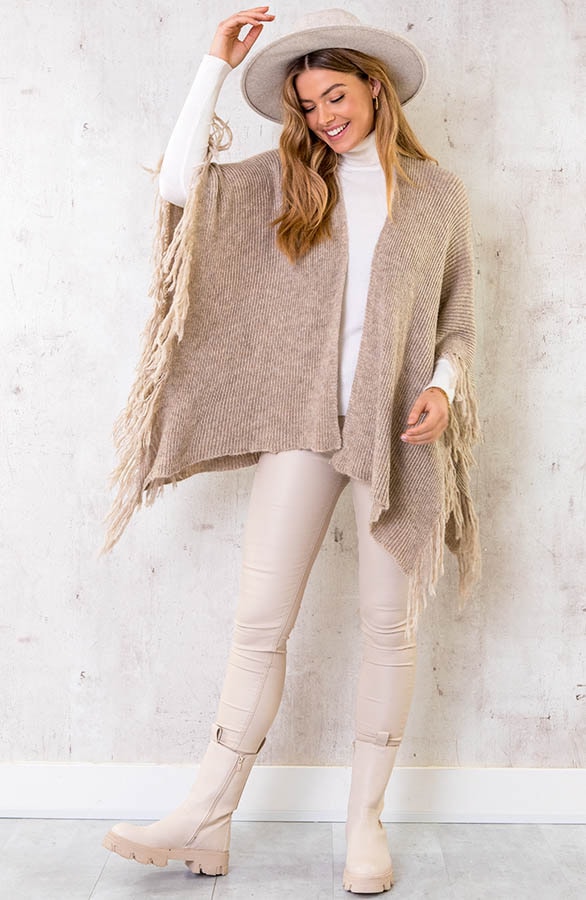Knitted Fringe Poncho Beige – shoparchief, foto 2