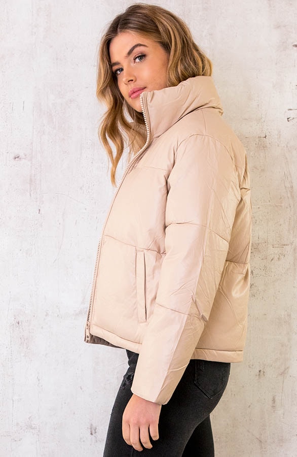 Leather Puffer Jacket Beige – shoparchief, foto 3