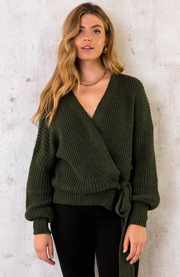 Schleife Cardigan Gestrickt Armeegrün, Shoparchiv