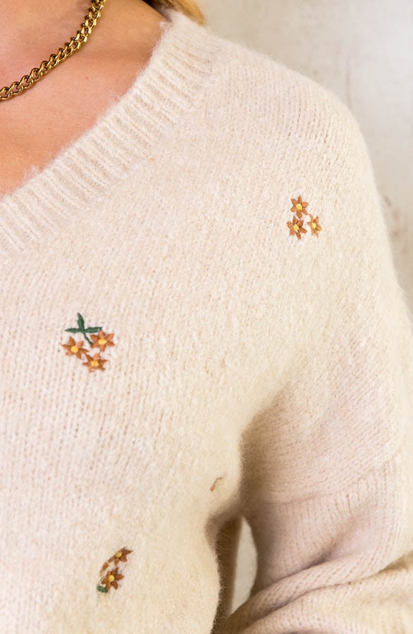 V-hals Trui Met Bloemetjes Beige – shoparchief, foto 4
