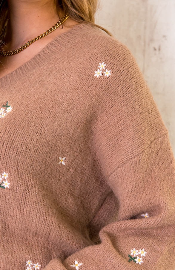 V-hals Trui Met Bloemetjes Camel – shoparchief, foto 6