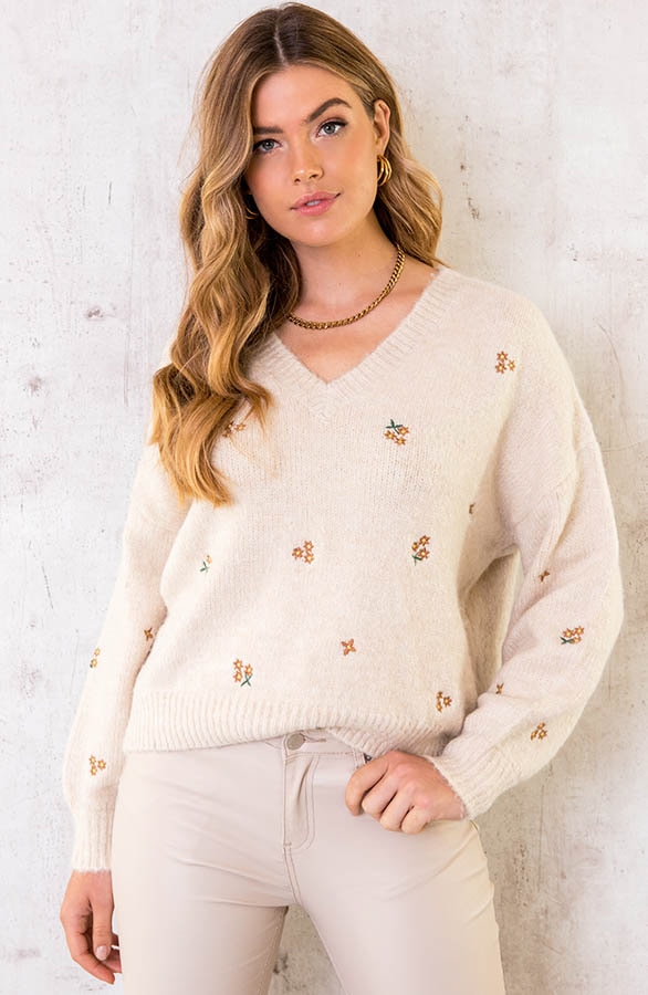 V-hals Trui Met Bloemetjes Beige – shoparchief