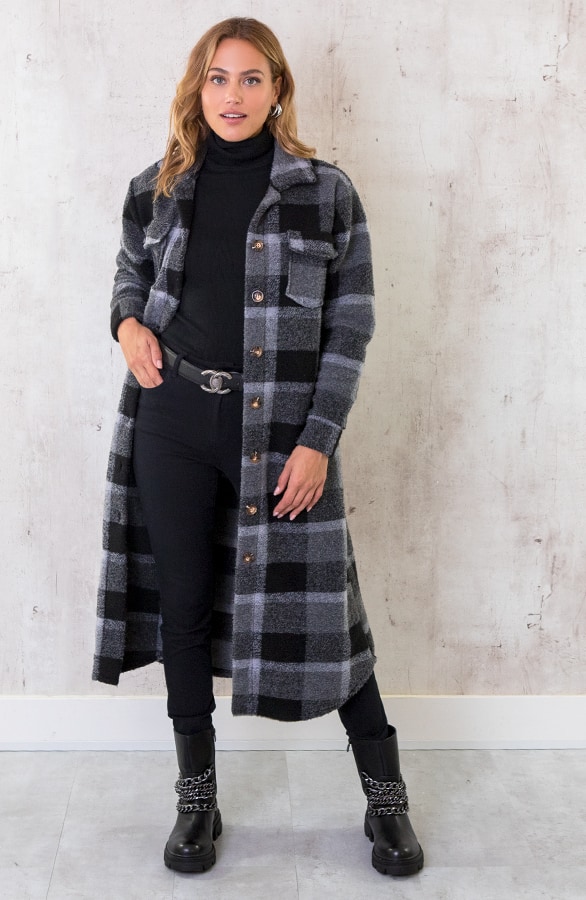 Woven Jacket Geblokt Lang Grijs – shoparchief