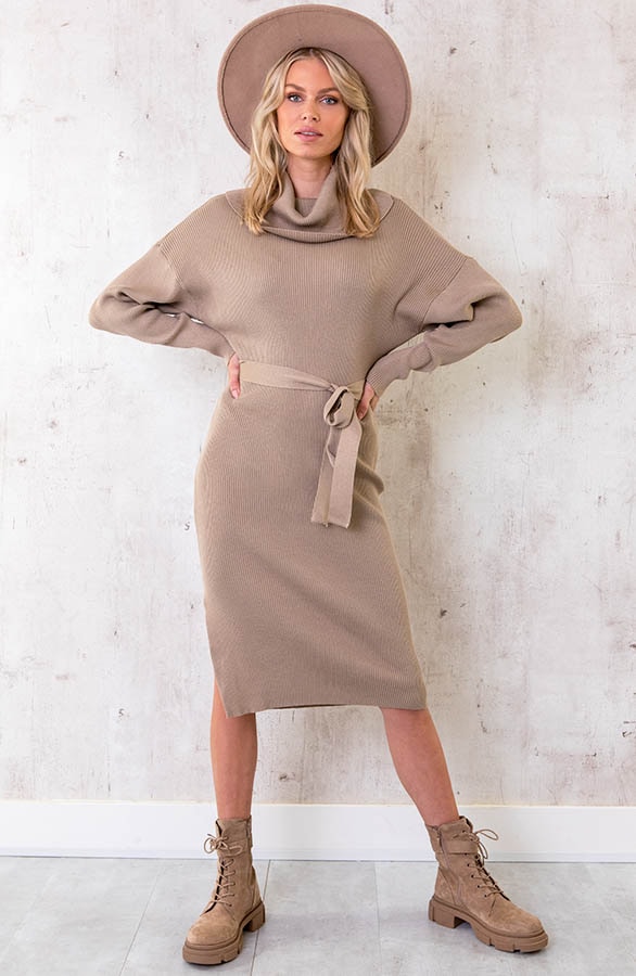 Col Ribstof Ceintuur Jurk Taupe – shoparchief, foto 2