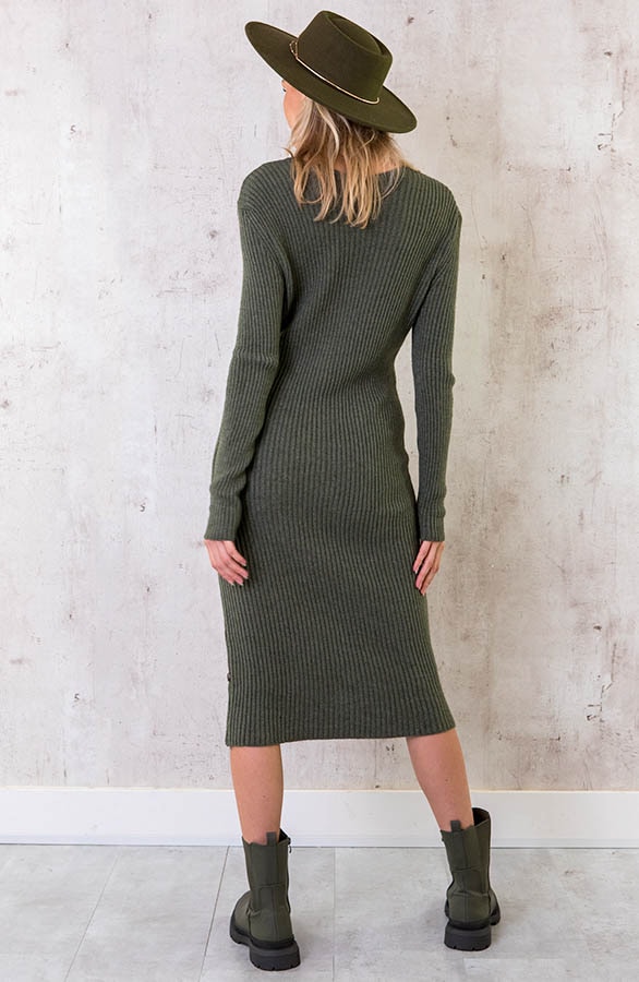 Gebreide V-hals Midi Jurk Army – shoparchief, foto 4