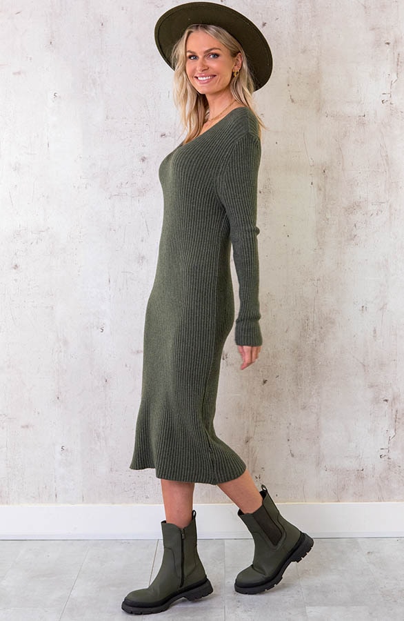 Gebreide V-hals Midi Jurk Army – shoparchief, foto 3