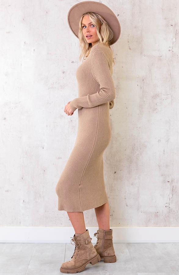 Gebreide V-hals Midi Jurk Taupe – shoparchief, foto 3