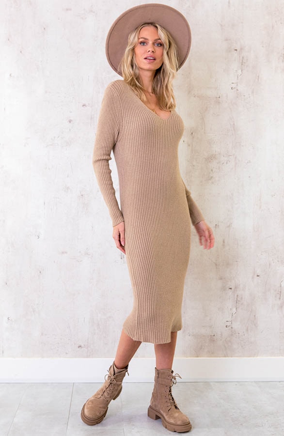 Gebreide V-hals Midi Jurk Taupe – shoparchief, foto 2