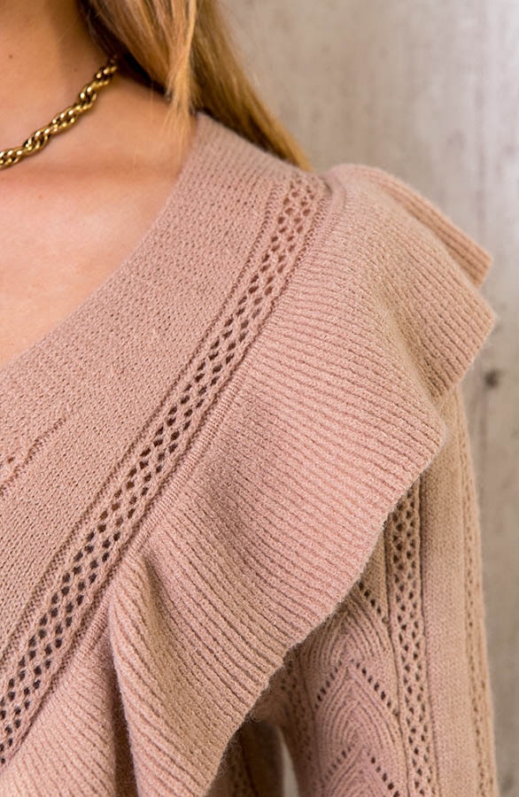 Gehaakte Ruffle Knopen Vest Camel – shoparchief, foto 5