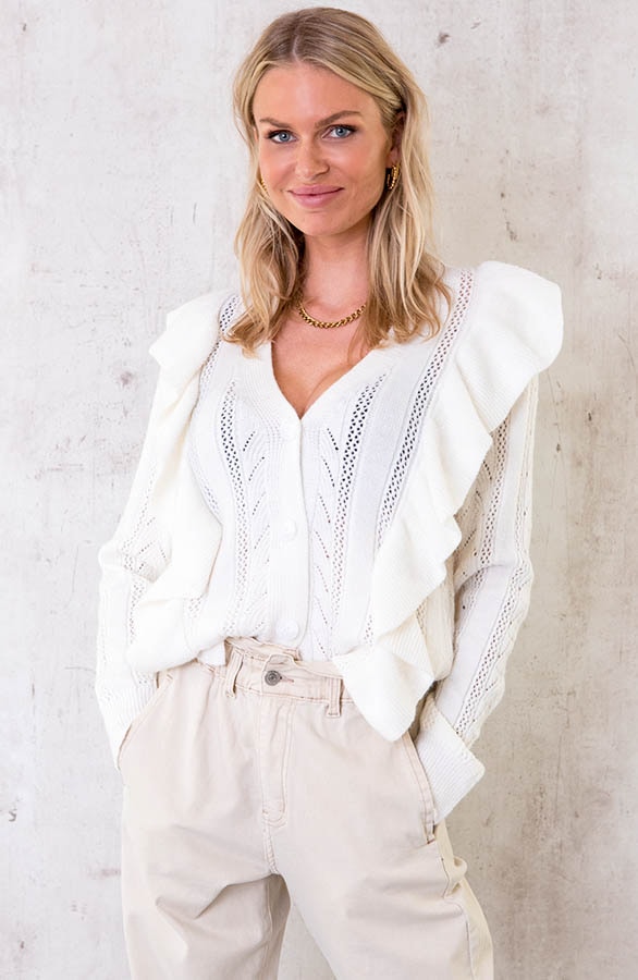 Gehaakte Ruffle Knopen Vest Ecru – shoparchief
