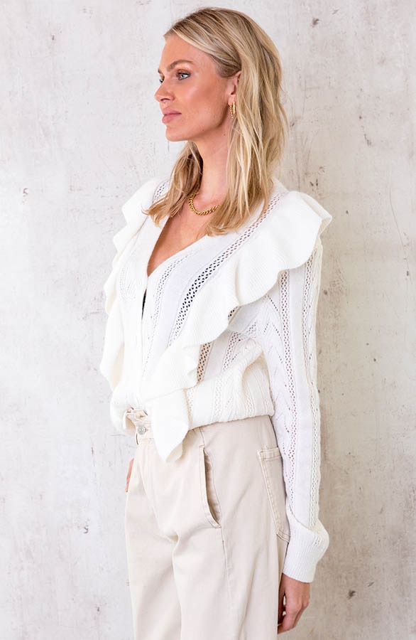 Gehaakte Ruffle Knopen Vest Ecru – shoparchief, foto 3