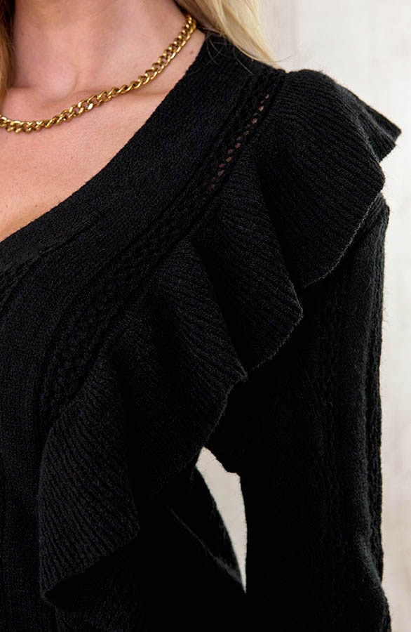 Gehaakte Ruffle Knopen Vest Zwart – shoparchief, foto 5