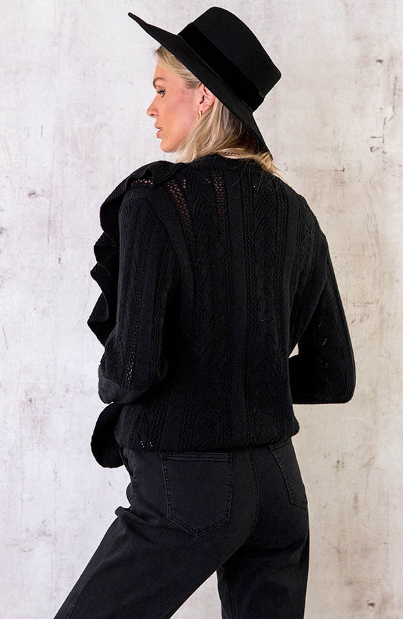 Gehaakte Ruffle Knopen Vest Zwart – shoparchief, foto 4