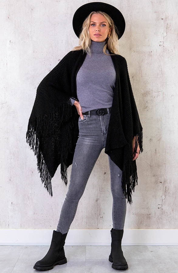 Knitted Fringe Poncho Zwart – shoparchief, foto 5