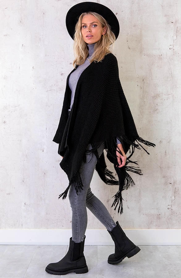 Knitted Fringe Poncho Zwart – shoparchief, foto 6