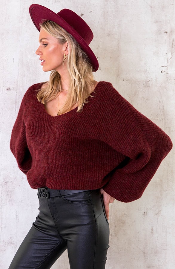Knitted V-Sweater Bordeaux – shoparchief, foto 3