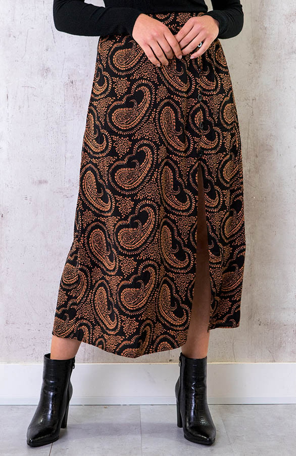 Midi Split Paisley Rok Zwart Cognac – shoparchief