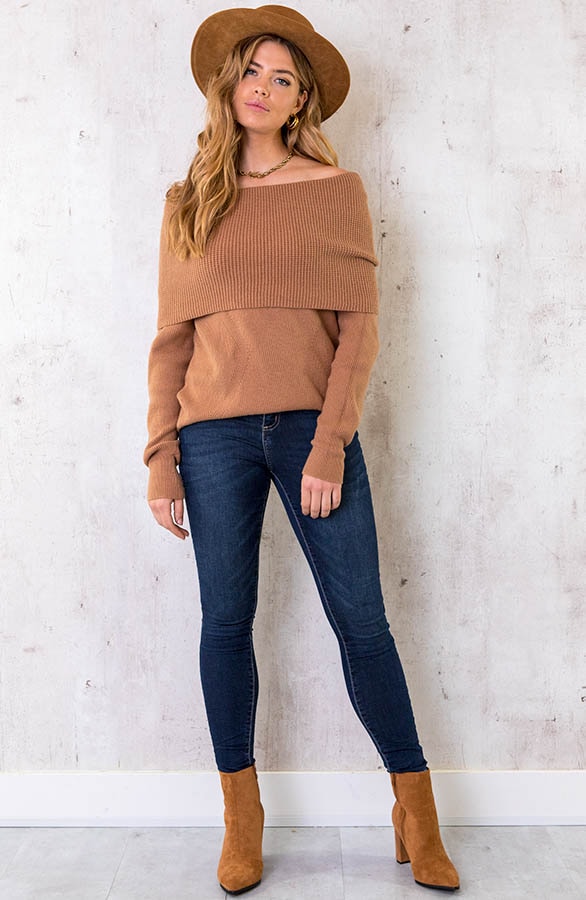 Offshoulder Trui Gebreid Camel – shoparchief, foto 2