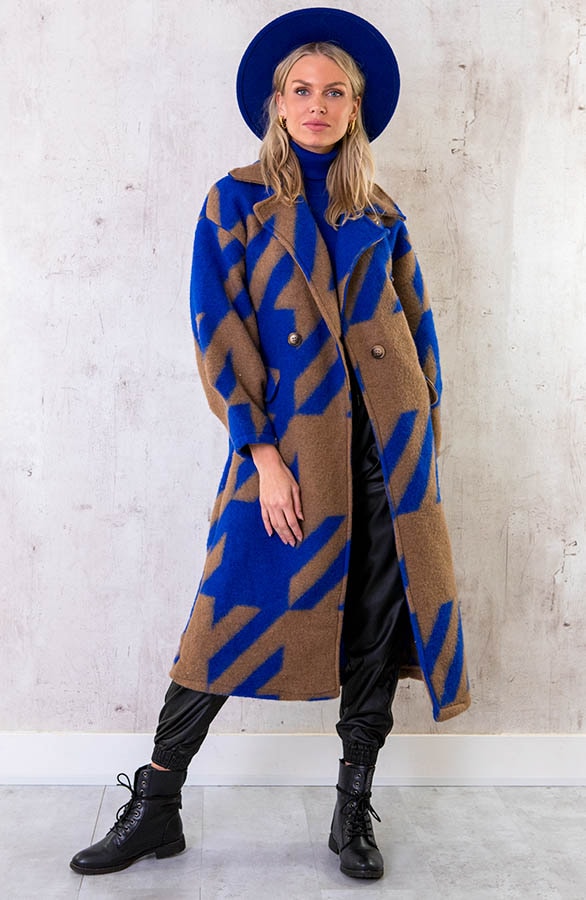 Oversized Woven Coat Long Blauw Camel – shoparchief