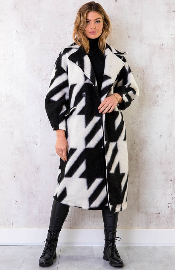 Oversized Woven Coat Long Zwart – shoparchief