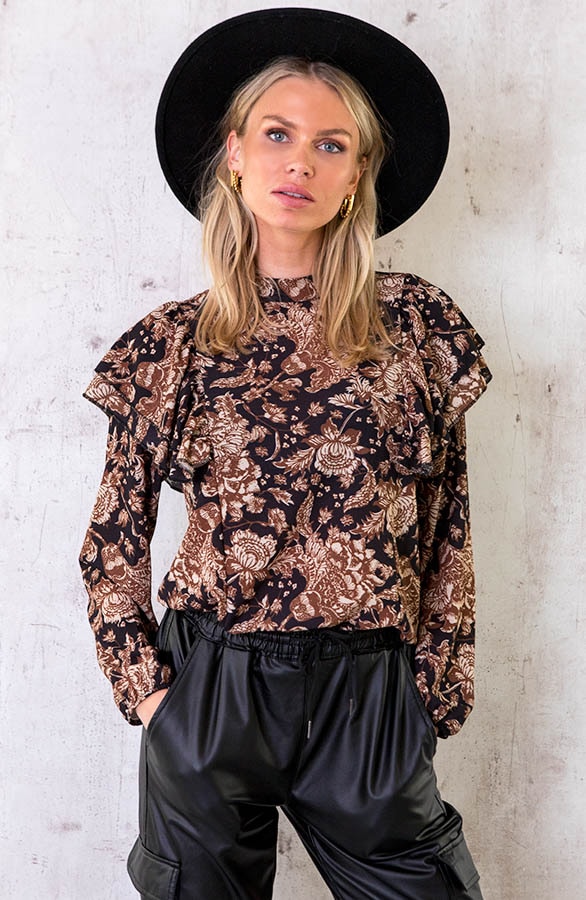Ruffle Bloemen Blouse Choco – shoparchief