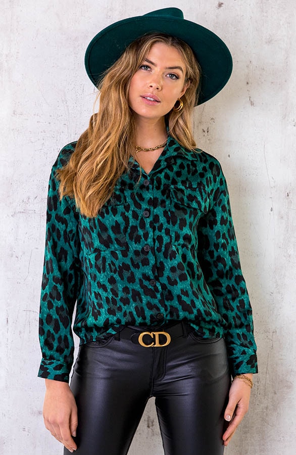 Silk Leopard Pocket Blouse Smaragd – shoparchief