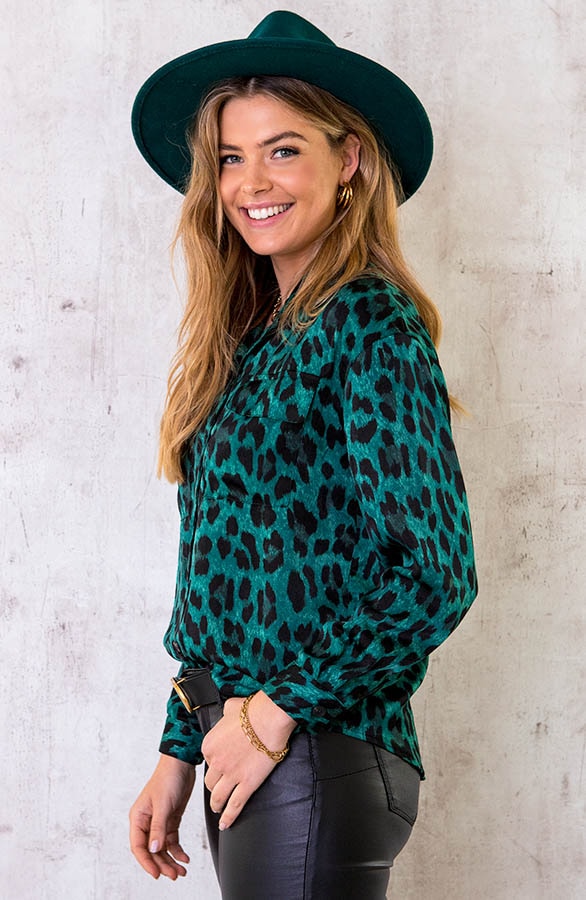 Silk Leopard Pocket Blouse Smaragd – shoparchief, foto 3